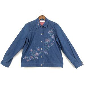 Alfred Dunner Women's Size 8 Petite Blue Floral Embroidered Button Jean Jacket
